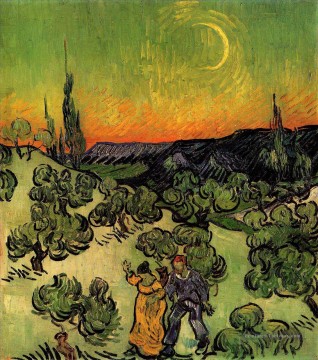 Paysage avec couple marche et Crescent Moon Vincent van Gogh Peinture à l'huile